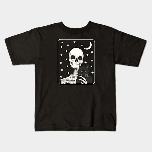 Cat Lover Halloween Skull Skeleton Holding Cat Kids T-Shirt by PhiloArt